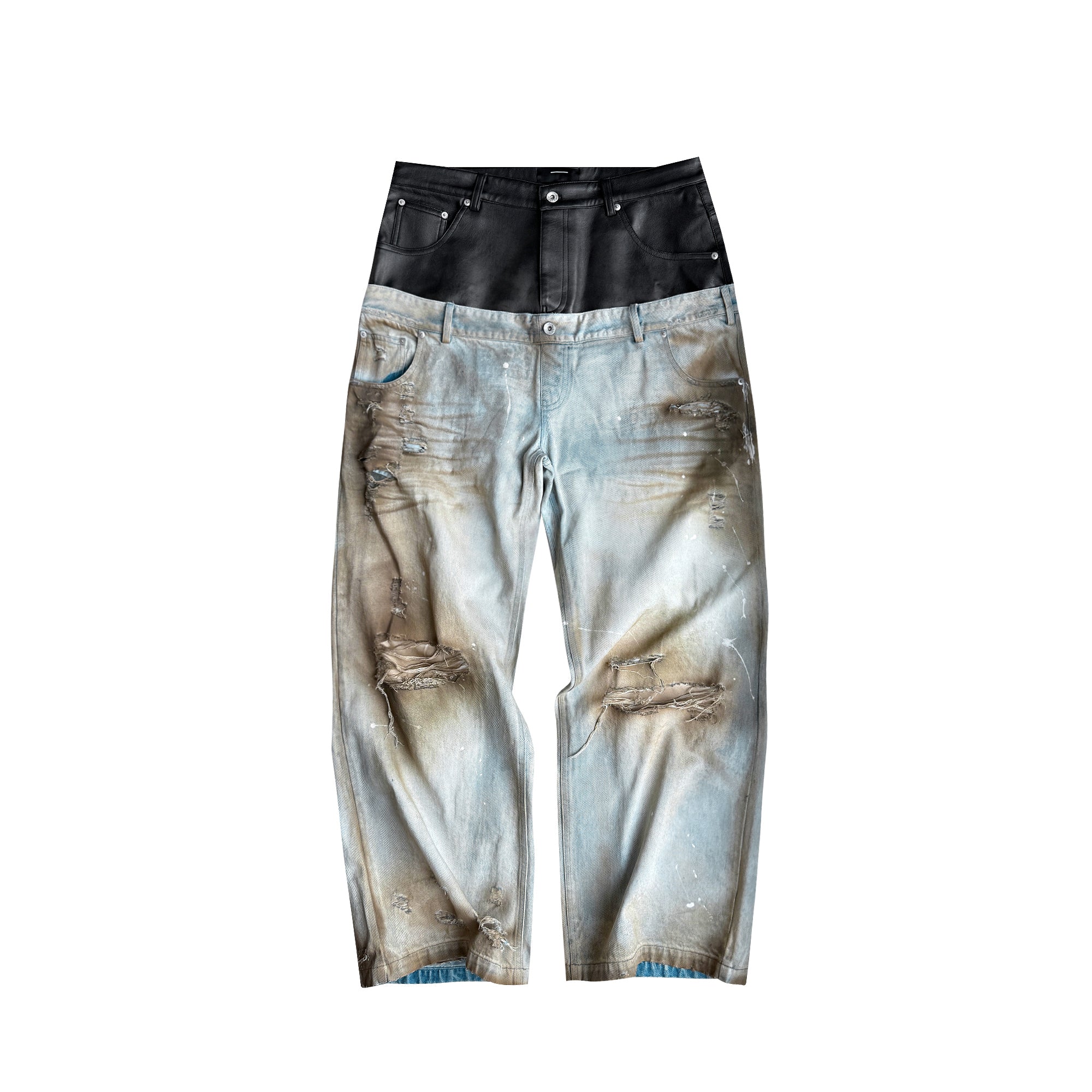 Distressed Washed Crinkled Spliced Faux Leather Waistband Jeans