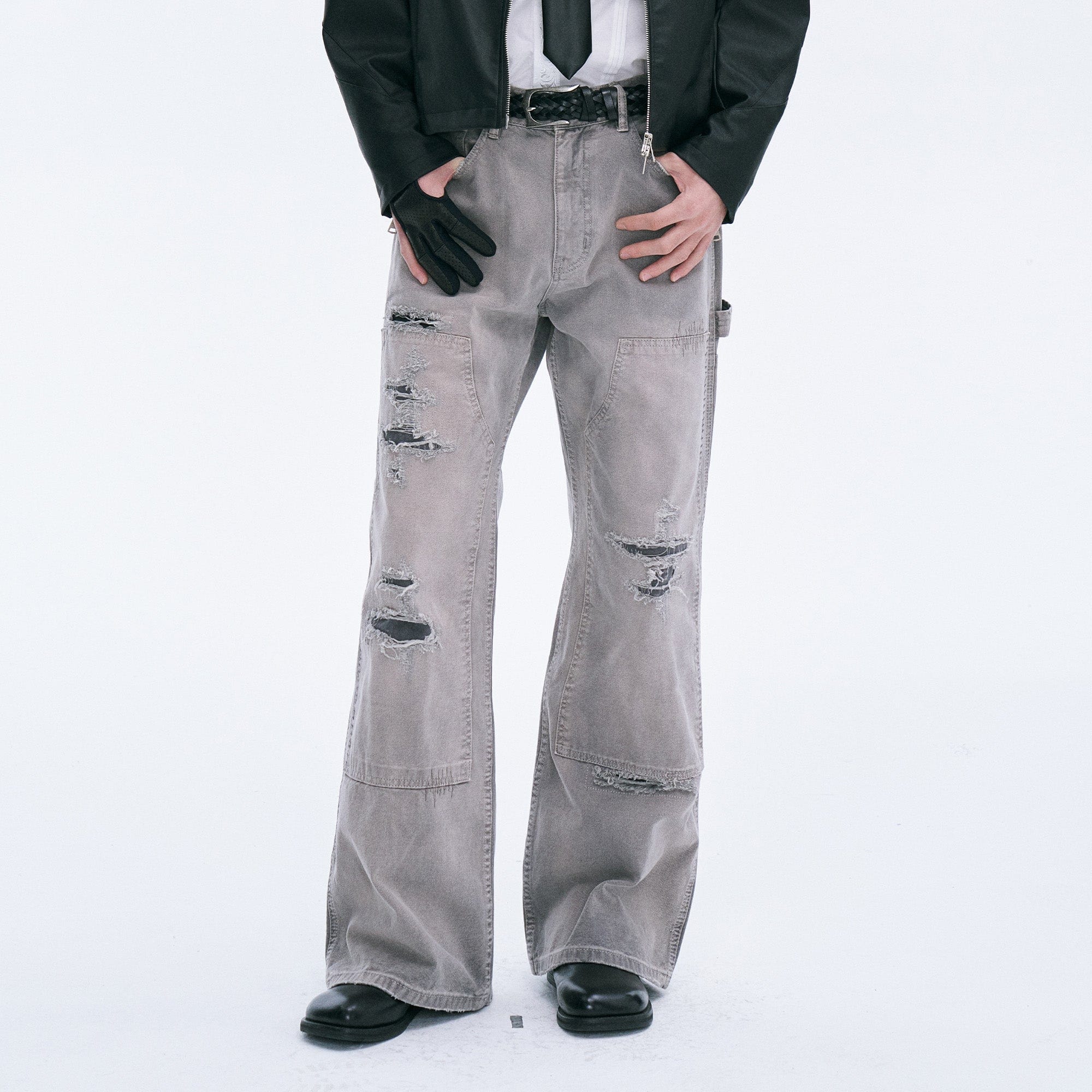 Distressed Double-Knee Carpenter Straight-Leg Jeans Gray