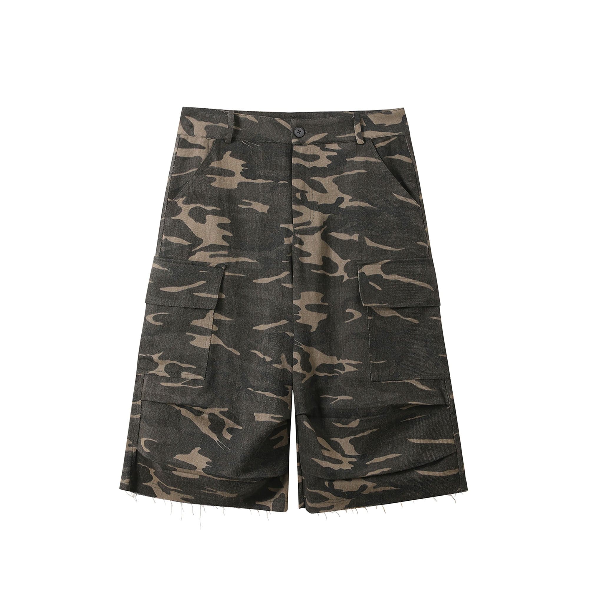 Camo Multi-Pocket Raw-Edge Curved Shorts