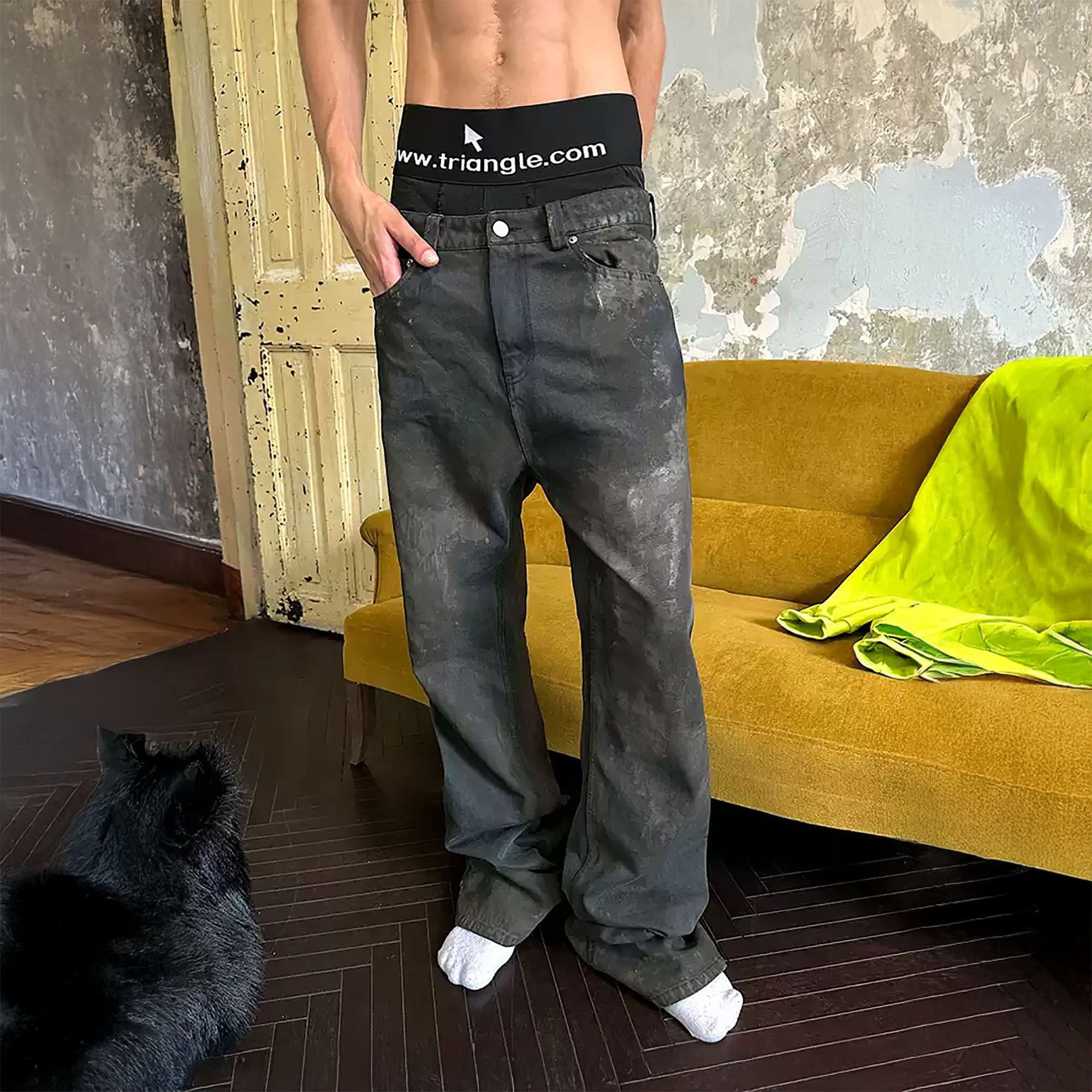 Dirty-Washed Paint-Splattered Straight-Leg Denim Pants