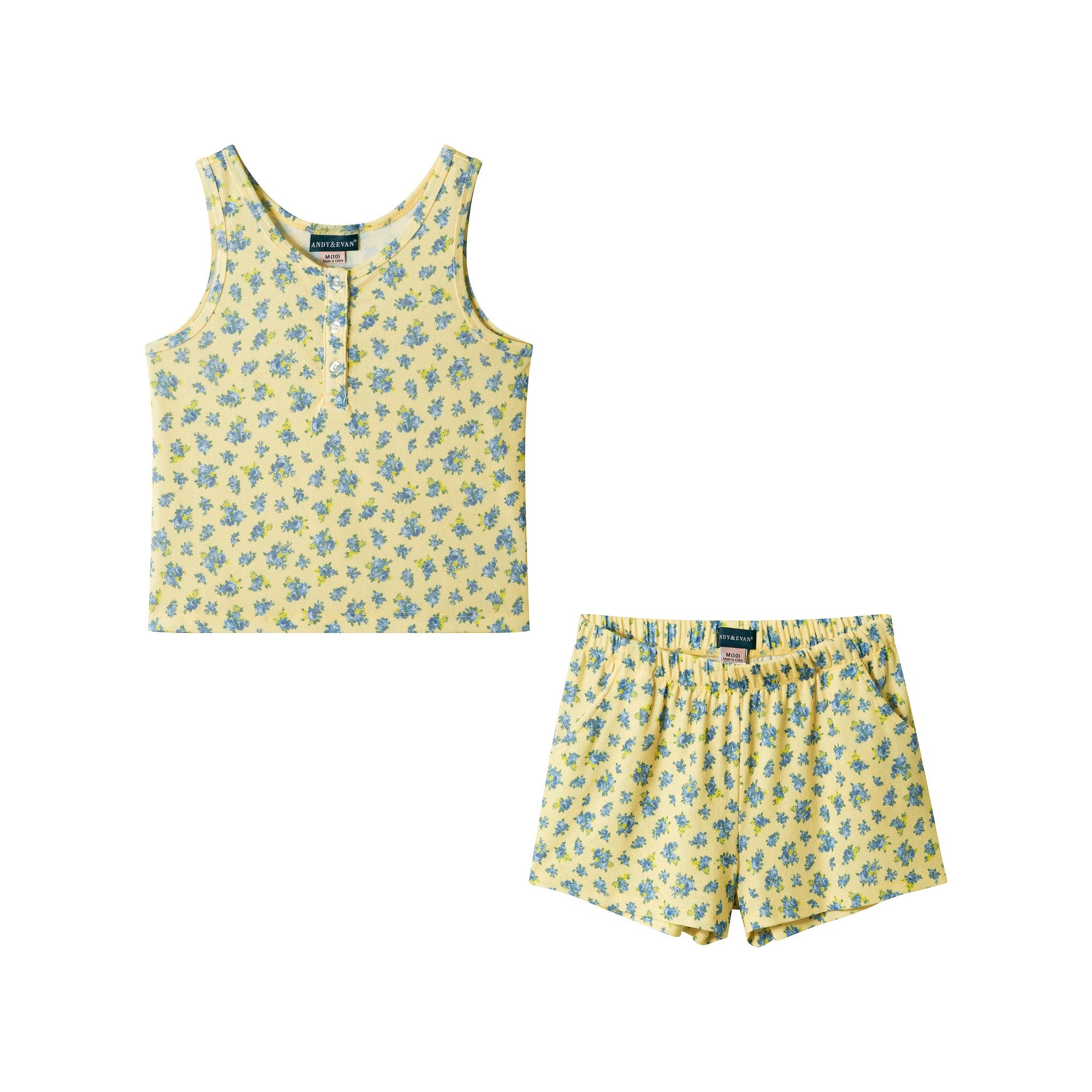 Tween Girls Henley Tank & Baggy Short Pajama Set | Yellow & Blue Floral