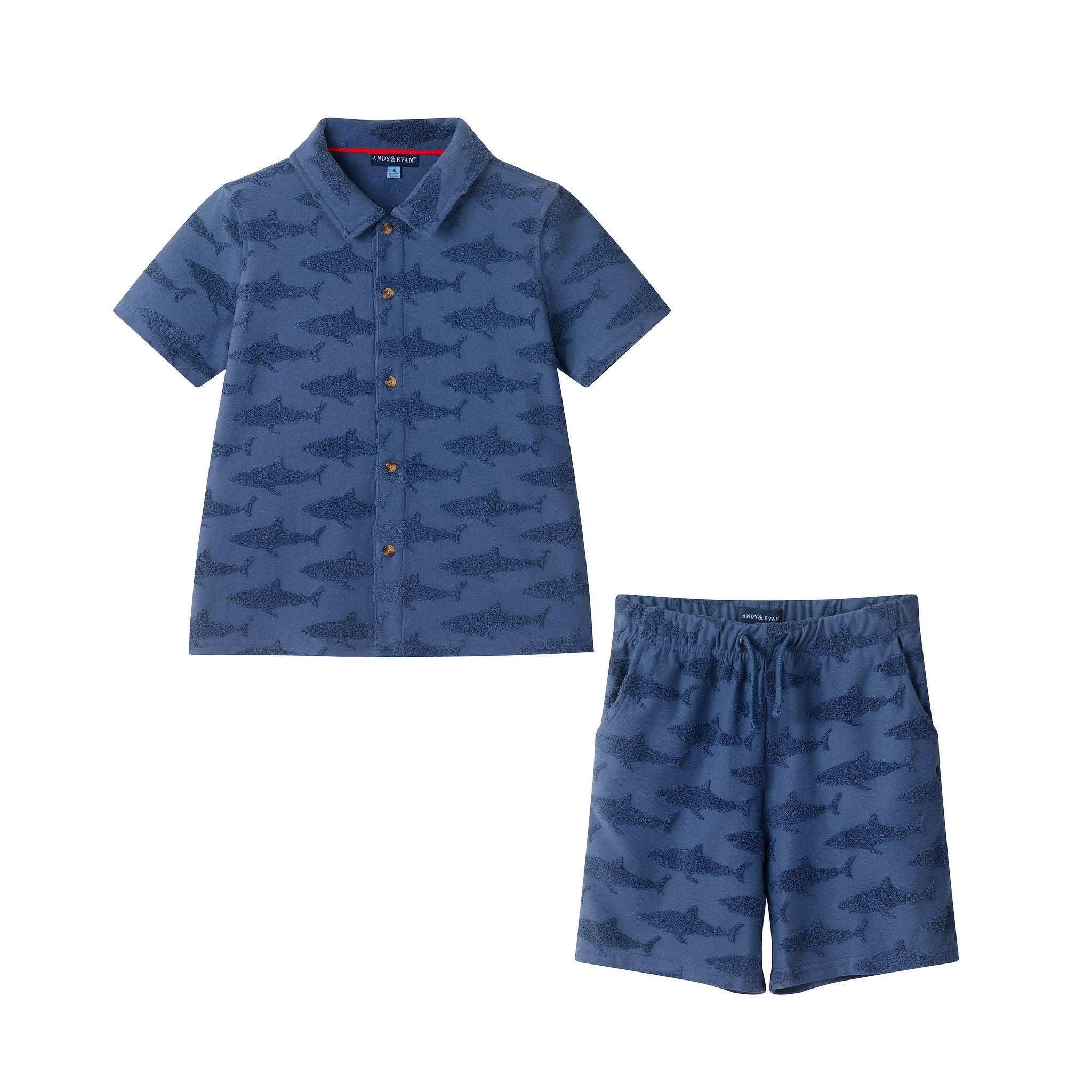 Boys Navy Shark Reverse Jacquard Buttondown Set