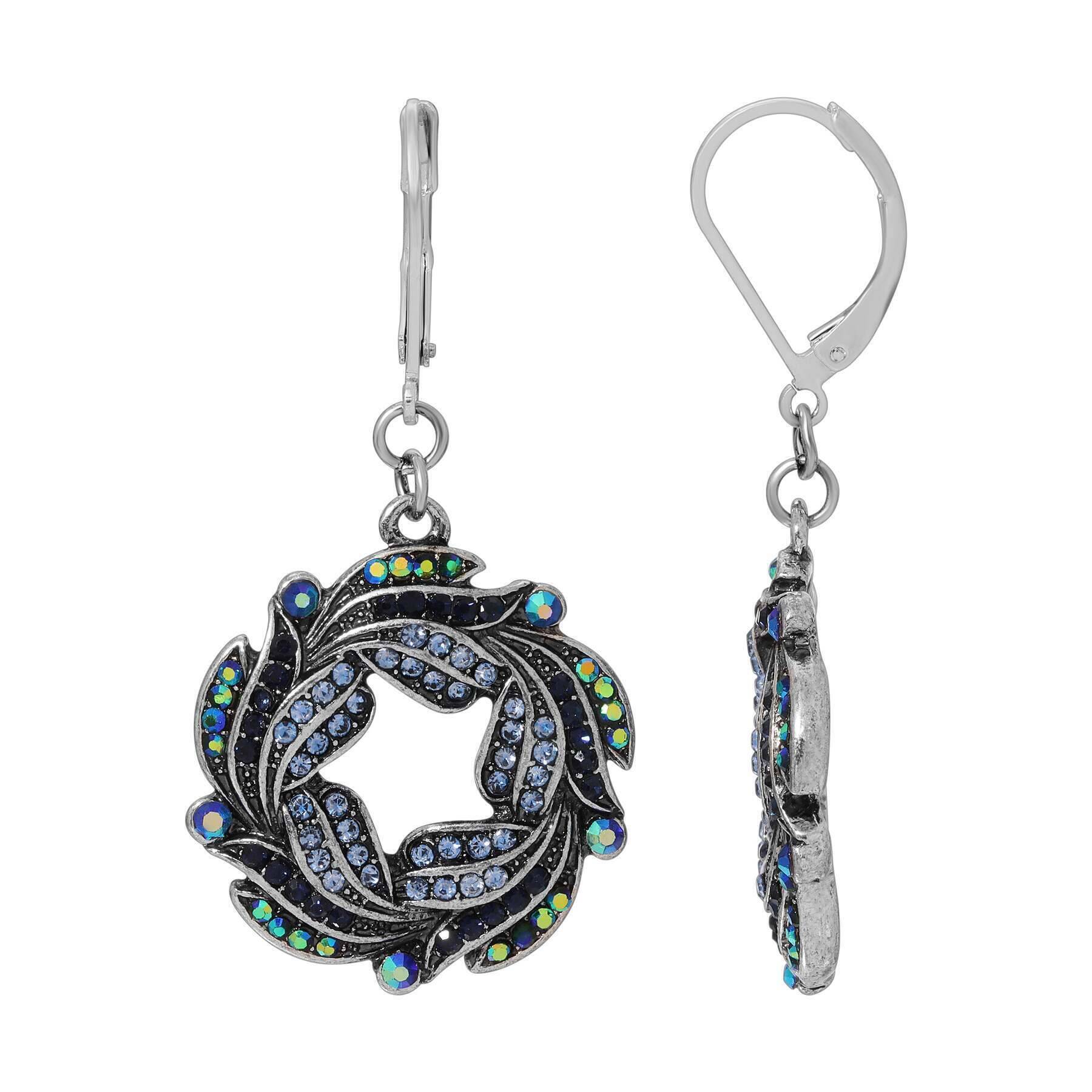 Giovane Iridescent AB Crystal & Blue Stone Wreath Drop Earrings