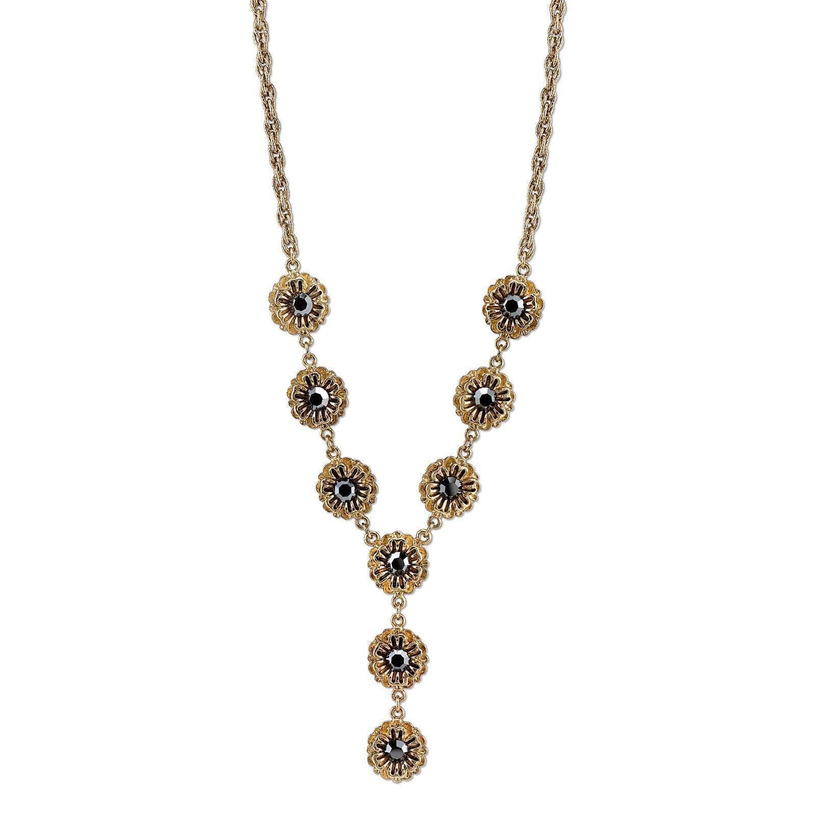 Hematite Glass Crystal Flower Y-Necklace 16" + 3" Extender