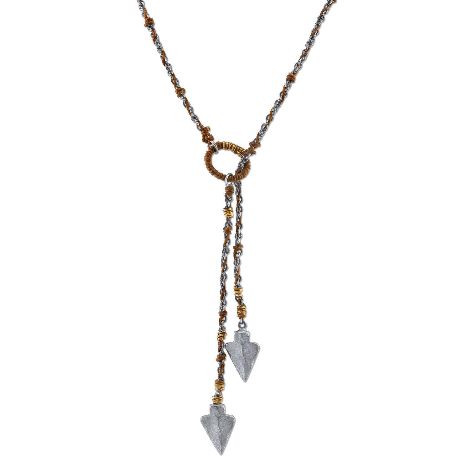 Pewter-Tone Double Arrowhead Waxed Linen Wrapped Lariat Necklace 42"