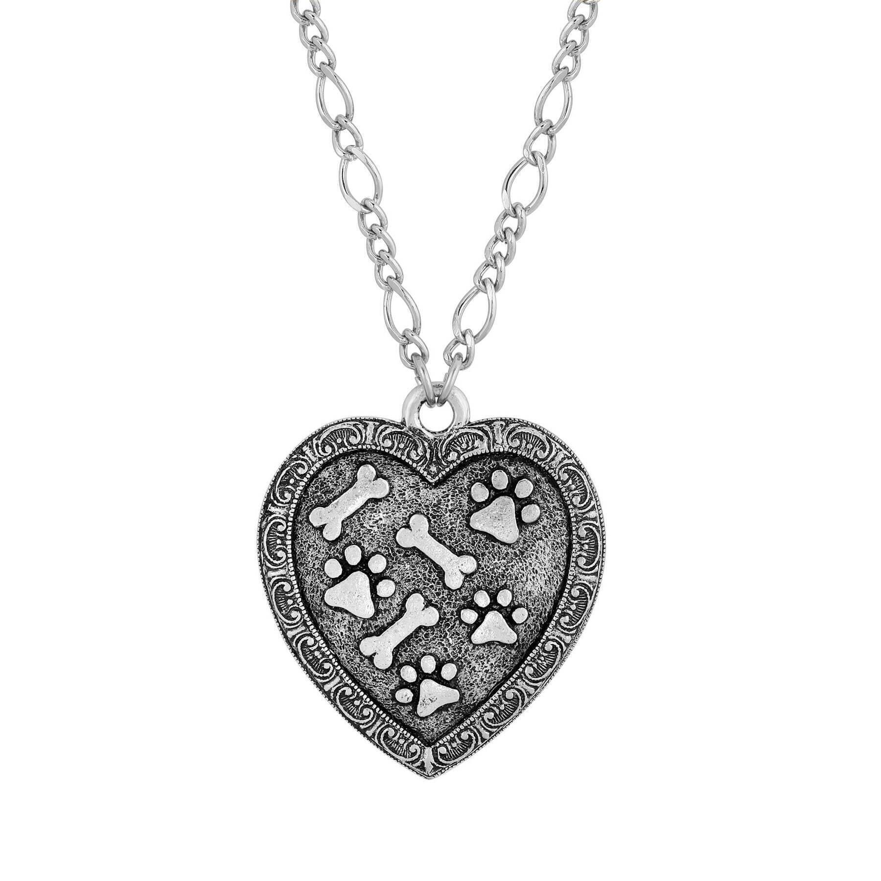 Pewter Heart Paws And Bones Pendant Necklace 28"