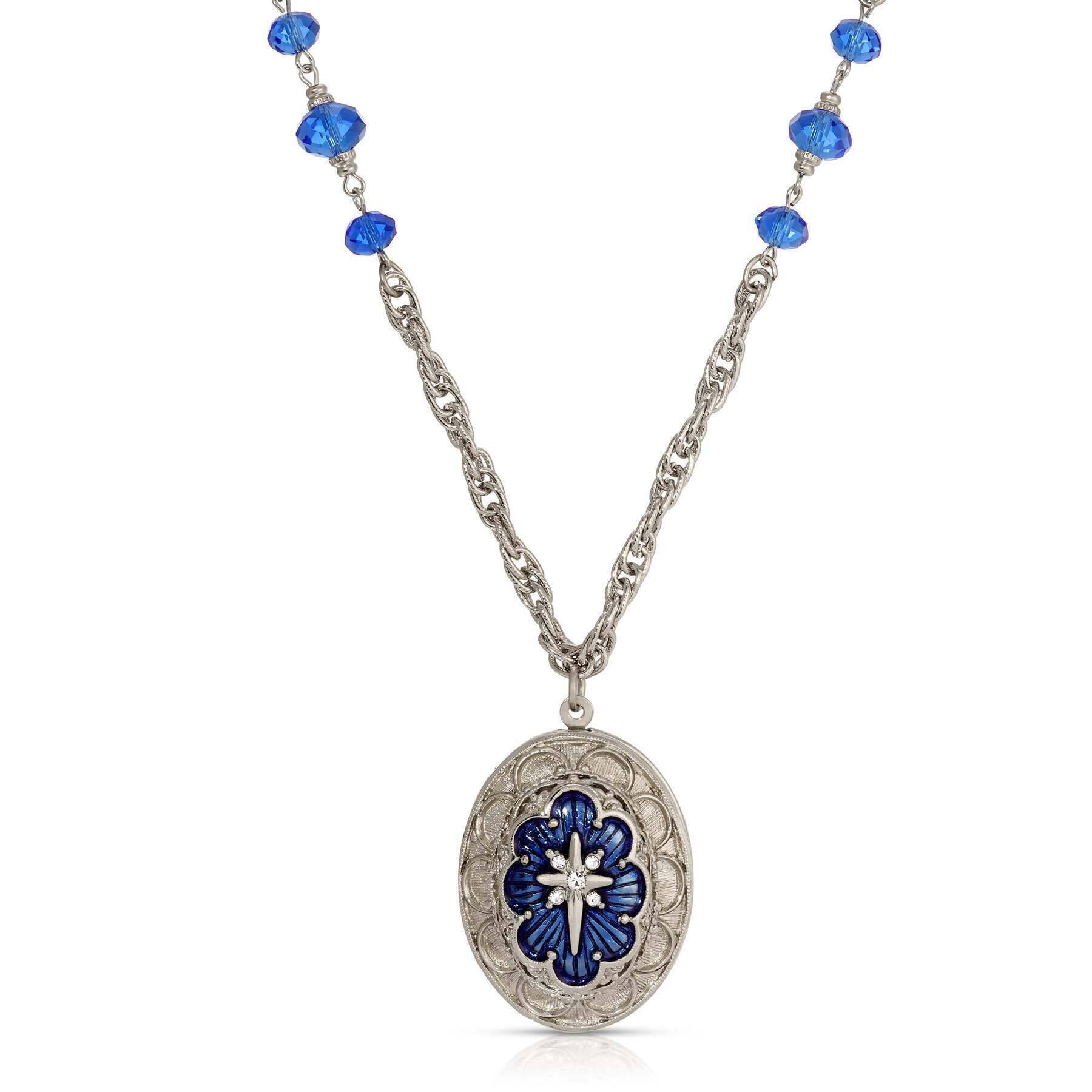 Star of Bethlehem Crystal Bead Enamel Locket Necklace 28"