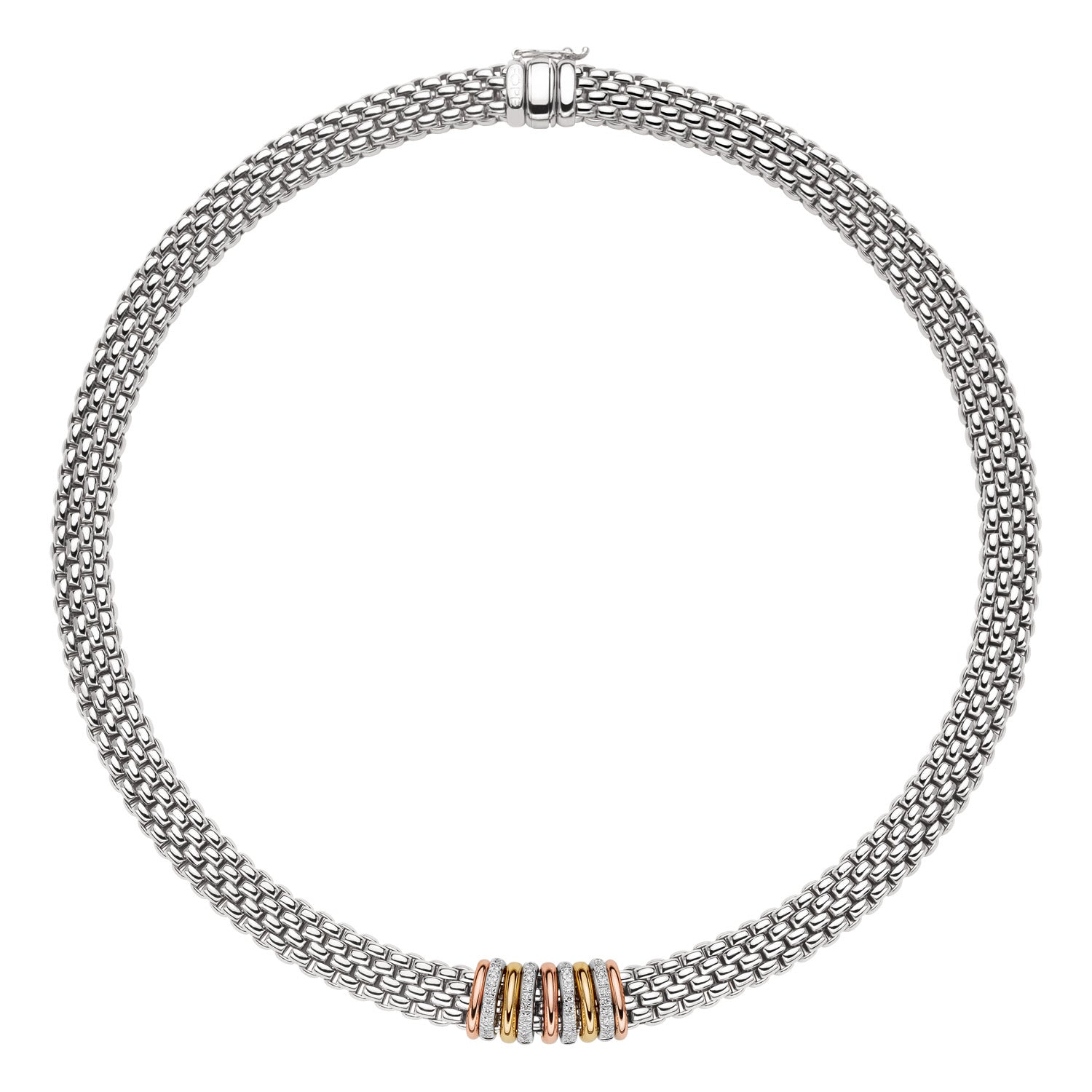 FOPE PANORAMA 18K White Gold Necklace with White Diamonds and Tri-Gold Rondels - 0.30 carats