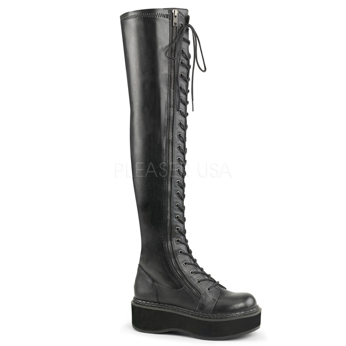 Demonia EMILY-375 Black Thigh-High Lace-Up Boots